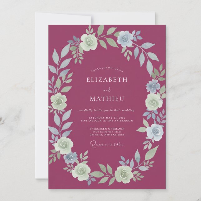 Deep Berry Painted Wreath Wedding Invitation (Front)