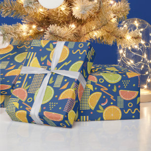 Deep Blue 80’s Citrus Fruit Slices Wrapping Paper
