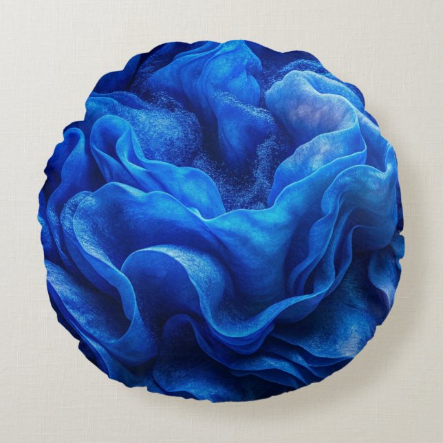 "Deep Blue Abstract Wave Round Pillow (Front)