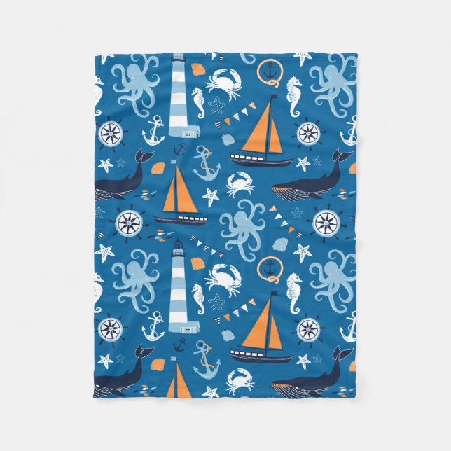 Deep Blue All Things Nautical Fleece Blanket (Front)