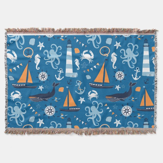 Deep Blue All Things Nautical Throw Blanket (Front)