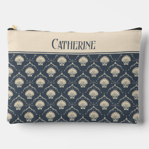 Deep Blue and Cream Seashell Pattern Accessory Pouch