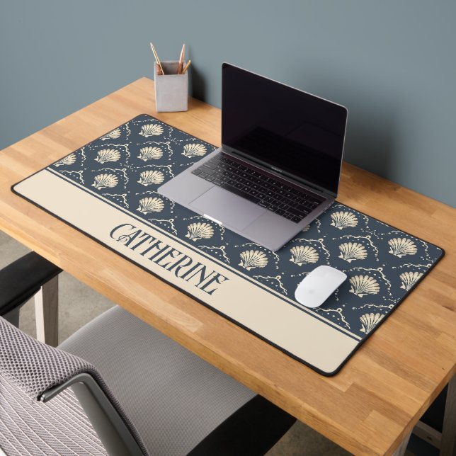 Deep Blue and Cream Seashell Pattern Personalised Desk Mat (Office 2)