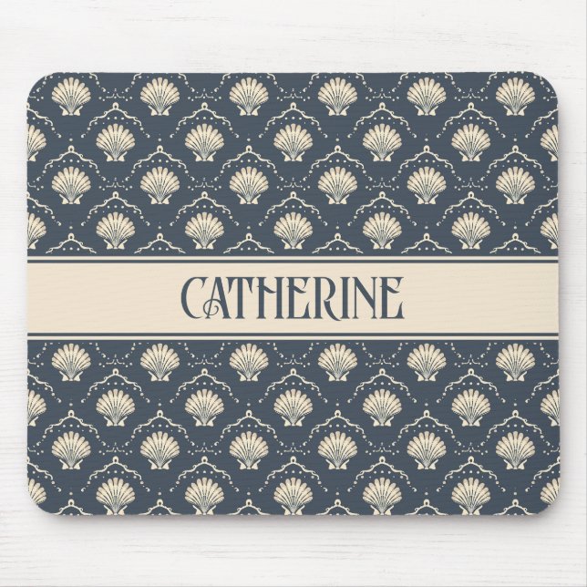 Deep Blue and Cream Seashell Pattern Personalised Mouse Pad (Front)