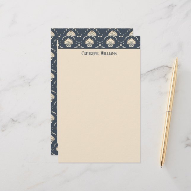 Deep Blue and Cream Seashell Pattern Personalised Stationery (Front/Back In Situ)