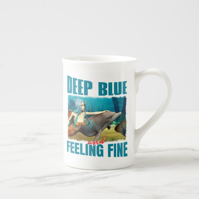 Deep Blue and Feeling Fine Mermaid Dolphin Art Bone China Mug (Right)