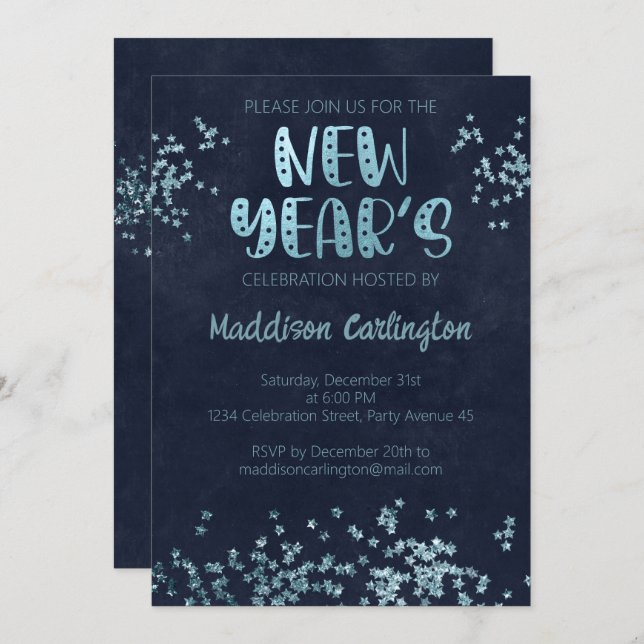 Deep Blue And Glitter Stars New Year's Party Invitation (Front/Back)