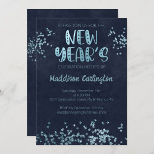 Deep Blue And Glitter Stars New Year's Party Invitation