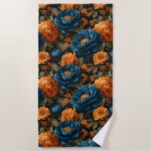 Deep Blue and Golden Orange Peonies Beach Towel