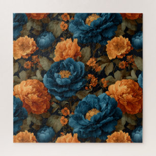 Deep Blue and Golden Orange Peonies Jigsaw Puzzle