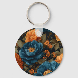 Deep Blue and Golden Orange Peonies Key Ring