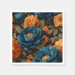 Deep Blue and Golden Orange Peonies Napkin