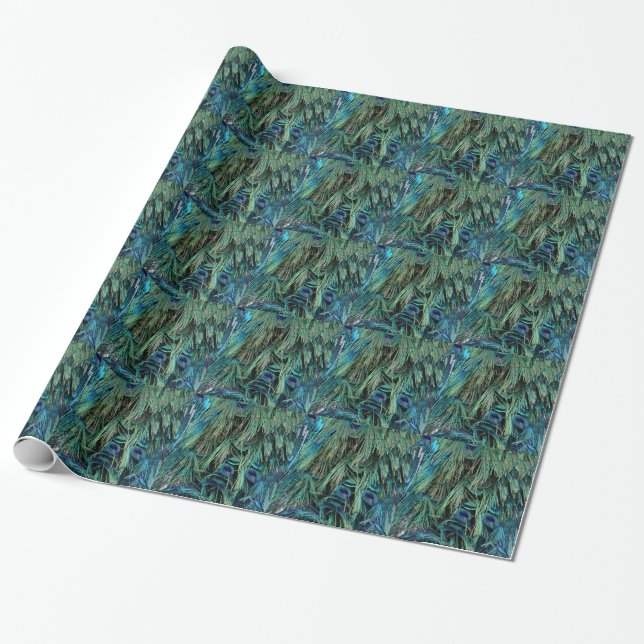 Deep Blue And Green Peafowl Feathers Wrapping Paper (Unrolled)