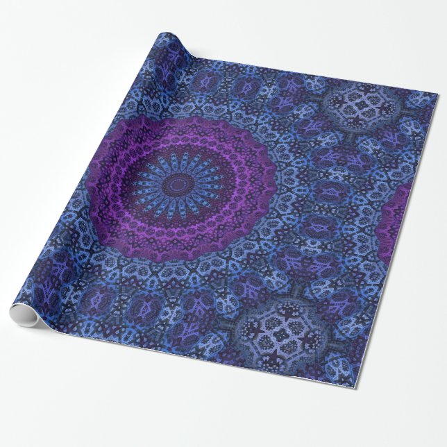 Deep Blue and Purple Twilight Mandala Wrapping Paper (Unrolled)