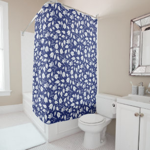 Deep Blue and White Floral Shower Curtain