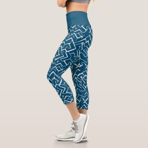 Deep Blue and White Meander Pattern Modern Maze Capri Leggings