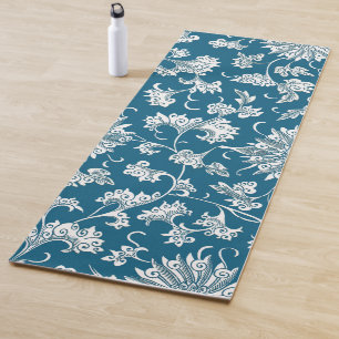 Deep Blue and White Vintage Fantasy Floral Yoga Mat