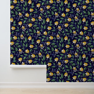 Deep Blue and Yellow Floral  Wallpaper