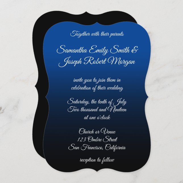 Deep Blue Black Ombre Elegant Calligraphy Wedding Invitation (Front/Back)