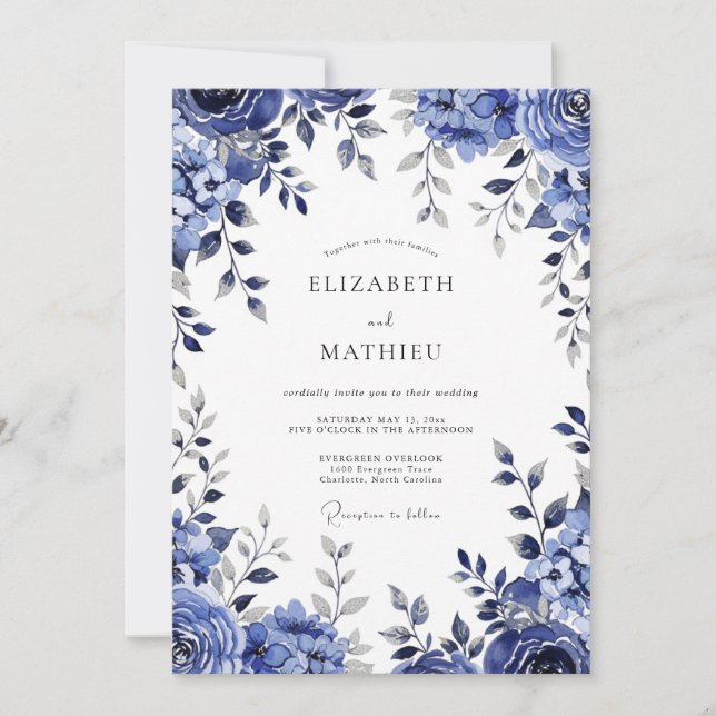 Deep Blue Botanical Romance Wedding Invitation (Front)