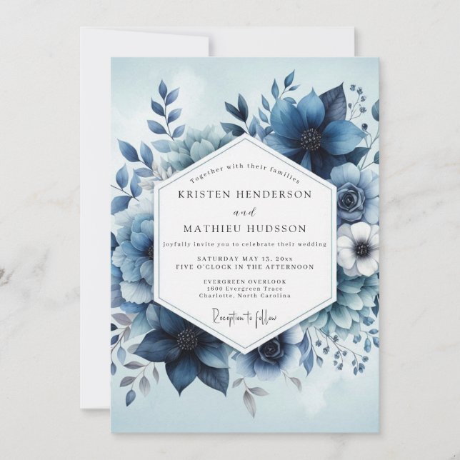 Deep Blue Botanical Whimsy Wedding Invitation (Front)