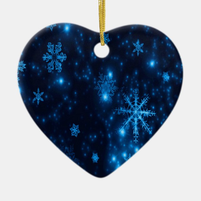 Deep Blue Bright Snowflakes Ceramic Heart Ornament (Front)