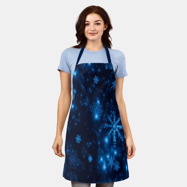 Deep Blue Bright Snowflakes Holidays Medium Apron (Worn)