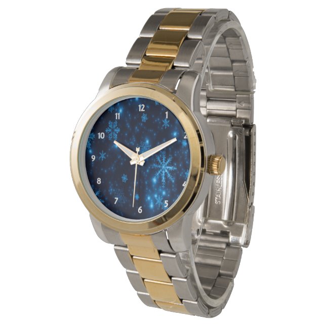 Deep Blue & Bright Snowflakes Oversized 2-Tone Watch (Angled)
