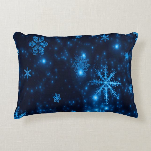 Deep Blue & Bright Snowflakes Polyester Pillow (Front)