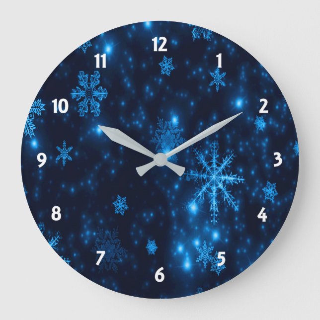 Deep Blue & Bright Snowflakes Round Wall Clock (Front)