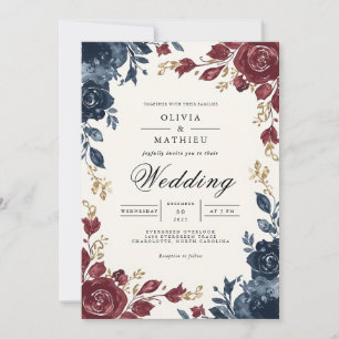 Deep Blue Burgundy Floral Flourish Wedding Invitation
