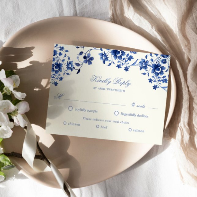Deep Blue Chinoiserie Floral RSVP Meal Choice Card (Creator Uploaded)