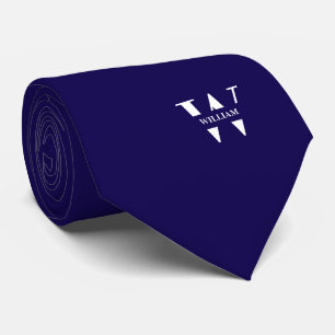 Deep Blue Colour Elegant Monogram + Name Tie
