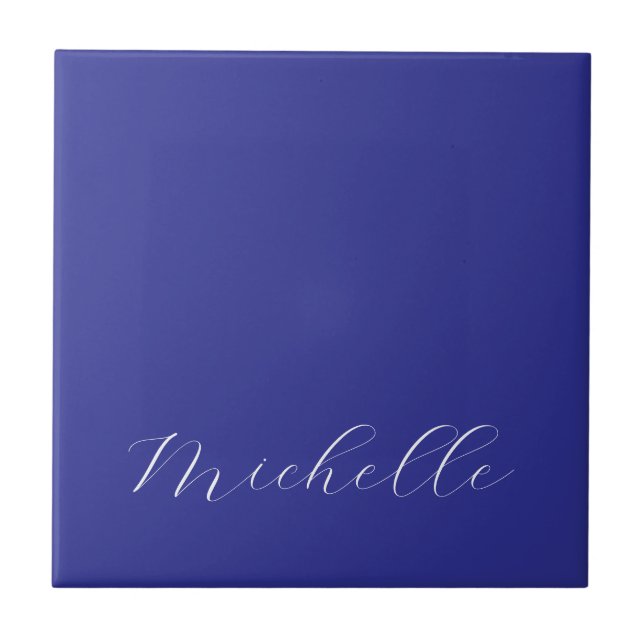 Deep Blue Colour Plain Modern Own Name Calligraphy Ceramic Tile (Front)