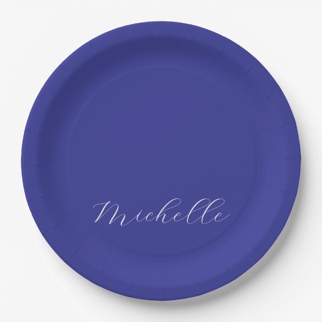Deep Blue Colour Plain Modern Own Name Calligraphy Paper Plate (Front)