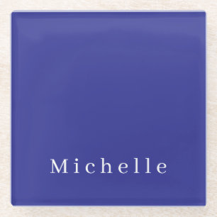 Deep Blue Colour Plain Modern Own Name Minimalist Glass Coaster