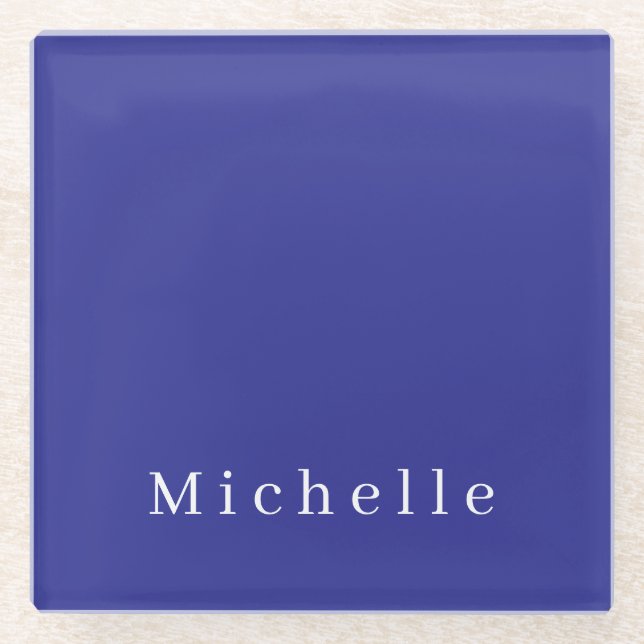 Deep Blue Colour Plain Modern Own Name Minimalist Glass Coaster (Front)