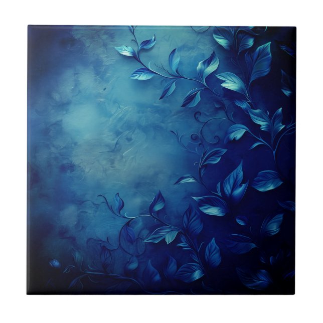 Deep Blue Decorative Leaves Ceramic Tile (Front)