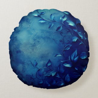 Deep Blue Decorative Leaves Round Cushion