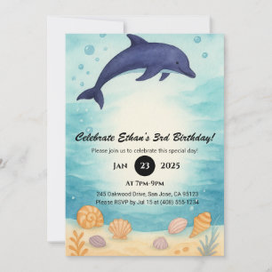 Deep Blue Dolphin & Seashell Ocean Birthday  Invitation