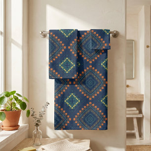 Deep Blue Ethnic Folk Boho Chic Mosaic Pattern Bath Towel Set