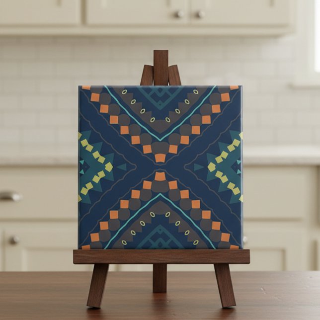 Deep Blue Ethnic Folk Boho Chic Mosaic Pattern Ceramic Tile (Creator Uploaded)