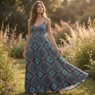 Deep Blue Ethnic Folk Boho Chic Mosaic Pattern Fabric