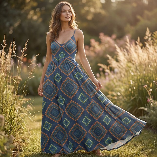 Deep Blue Ethnic Folk Boho Chic Mosaic Pattern Fabric (Creator Uploaded)