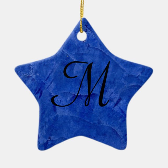 Deep Blue Faux Stone Monogram Star Ornament (Front)