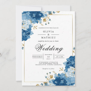 Deep Blue Floral Archway Romance Wedding Invitation