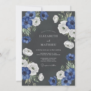Deep Blue Floral Bloom Wedding Invitation