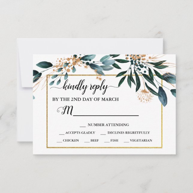 Deep Blue Floral Elegant Fall Wedding RSVP Card (Front)
