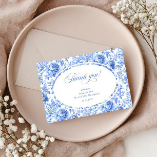 Deep Blue Floral Elegant Wedding Thank You Card