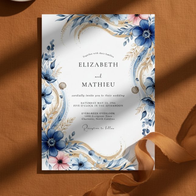 Deep Blue Floral Flourish Wedding Invitation (Creator Uploaded)